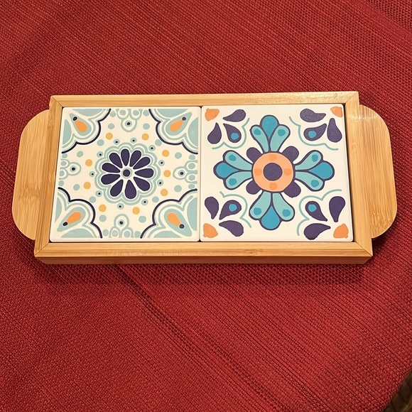 Set of 4 ceramic Tile Moroccan Coasters with bamboo holding tray - Picture 7 of 7